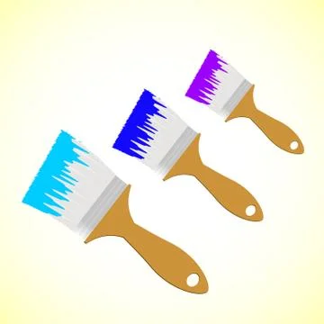 Three colour paint brushes on yellow smooth background Stock Illustration