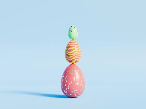 Three colourful Easter eggs balancing on blue background. 3d render CGI of Stock Illustration