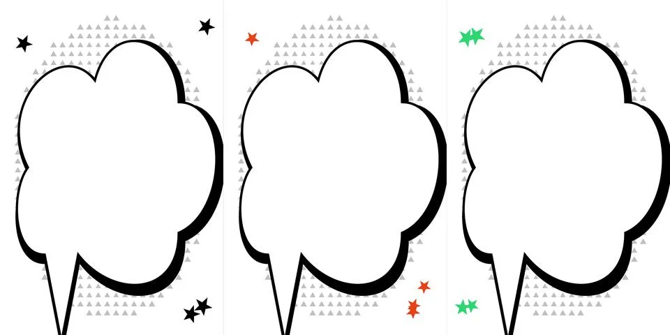 Three Comic Book Style Speech Bubbles with Stars and Halftone Background El.. Illustrazione stock