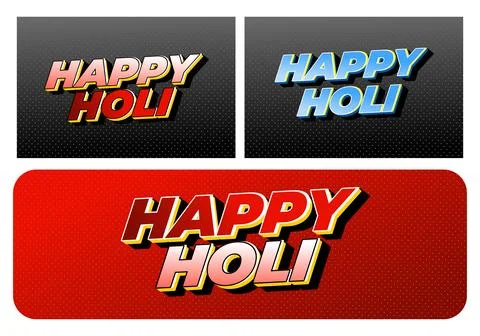 Three comic style happy holi text designs on dotted backgrounds two smaller.. Stock Illustration