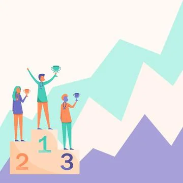 Three Competitors Drawing Standing On Podium Holding Trophies Celebrating Stock Illustration