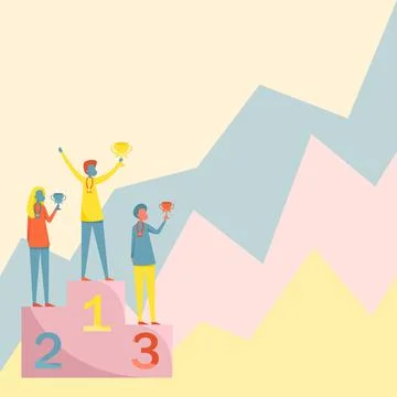 Three Competitors Drawing Standing On Podium Holding Trophies Celebrating Stock Illustration