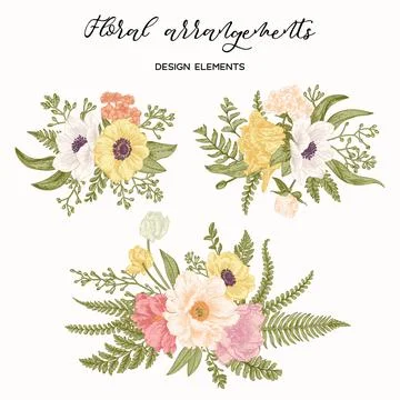 Three compositions with flowers. Illustrazione stock