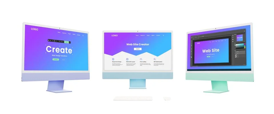 Three computer displays showcase web design creation tools 写真素材