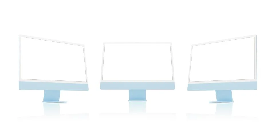 Three computer displays in side and front position. Isolated screen for app o Stock Illustration