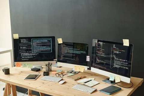 Three computer monitors with coded data and sticky notepapers on screens Stock Photos
