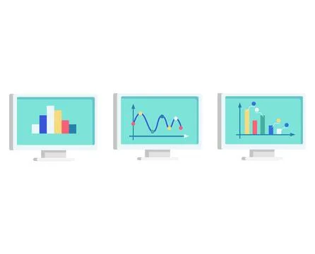 Three computer monitors displaying colorful bar, line, and pie charts. Animated Stock Illustration