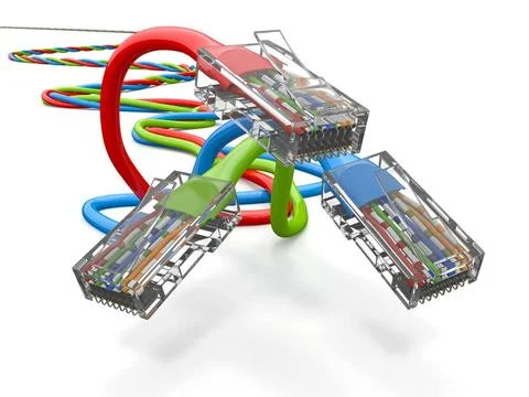 Three computer network cables rj45 on white background. 3d Three computer ... 写真素材