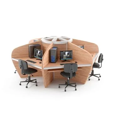 Three computers sit in a computer desk next to a chair 스톡 일러스트