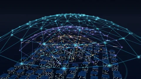 Three concentric triangulated sensor canopies arching over a lit city with Stock Footage 341072598