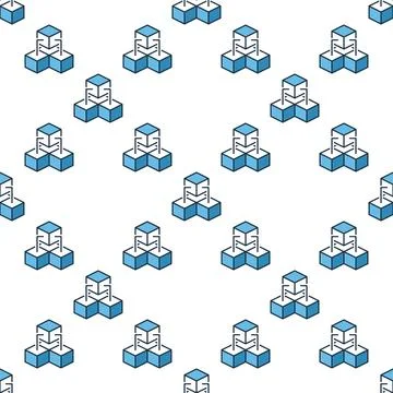 Three Connected Blocks - Blockchain Technology vector blue seamless pattern Stock Illustration