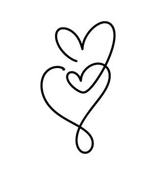 Three connected vector hearts Valentine drawing creating a continuous line Stock Illustration