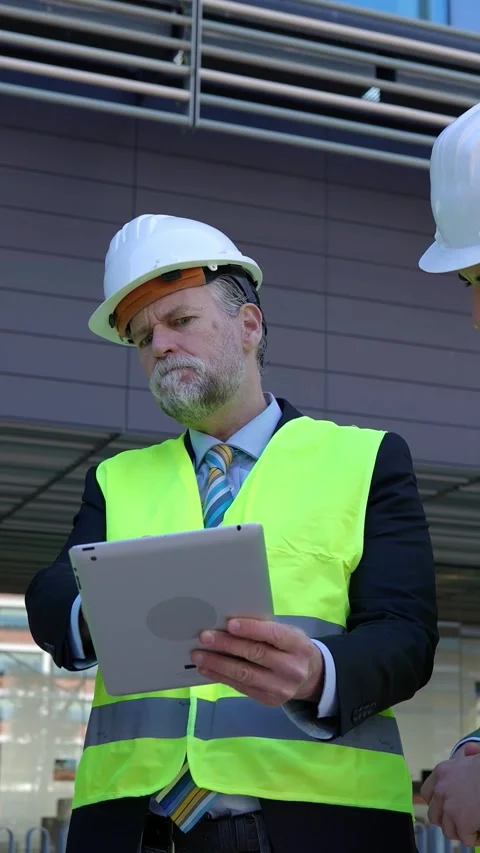 Three construction engineers having a discussion on building site. Stock Footage 288122244
