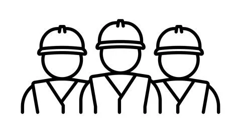 Three construction workers or group engineers line icon. Team of industrial w Illustrazione stock