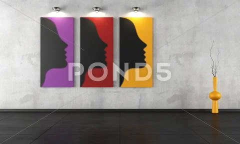 Three contemporary paintings in a empty room Stock Illustration