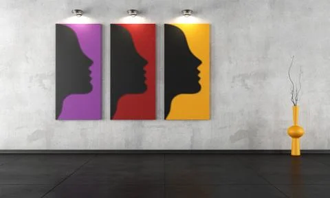 Three contemporary paintings in a empty room Stock Illustration