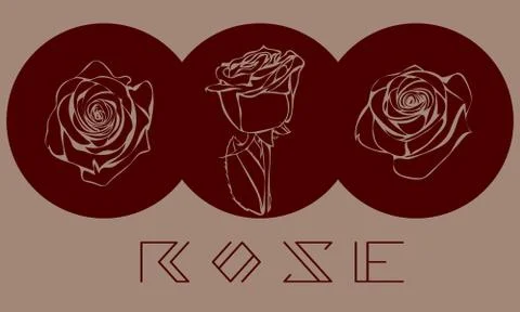 Three contour roses in dark red circles on beige background Stock Illustration