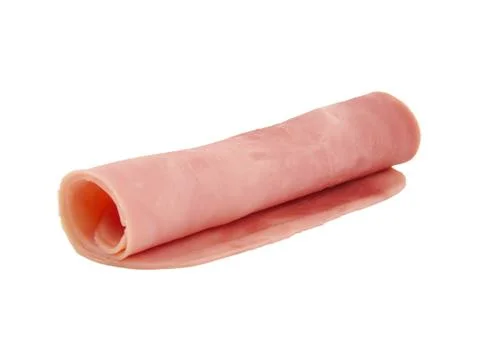 Three cooked boiled and rolled ham sausage isolated on white background. Stock Photos