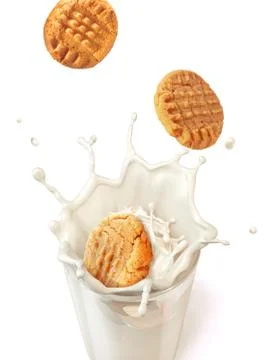 Three cookies biscuits falling into a glass mug full of fresh milk Stock Illustration