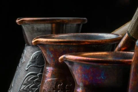Three copper cezves close-up. Stock Photos