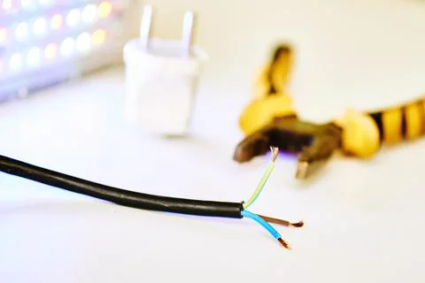 Three-core electric cable, metalwork pliers and LED lamp Stock Photos