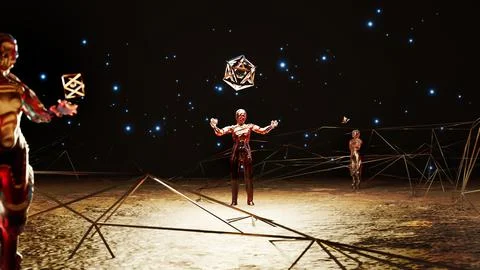 Three cosmic entities create abstract geometry, a fantastic surreal plot. Stock Illustration