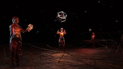 Three cosmic entities create abstract geometry, a fantastic surreal plot. Ilustración de archivo