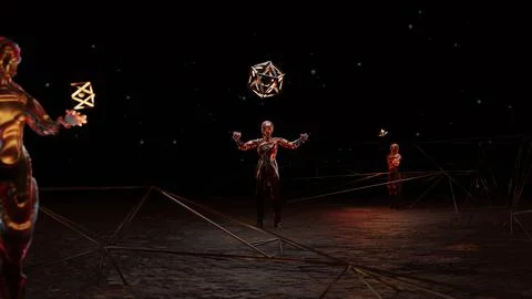 Three cosmic entities create abstract geometry, a fantastic surreal plot. 스톡 일러스트