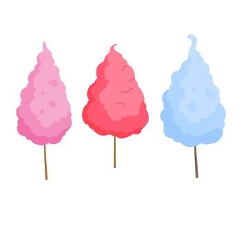 Three cotton candy illustration set, blue pink and purple fluffy sugar treats Stock Illustration
