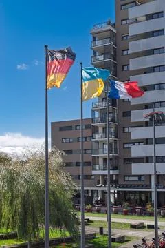 Three countries bridge connecting Germany with France Stock Photos