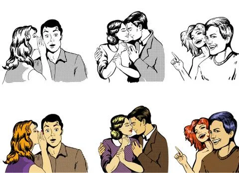 Three couples together whispering, hugging and pointing . Pop art retro comic Stock Illustration