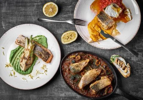 Three-course fish platter Pike perch, salmon steak, Stewed perch.. Dietary me Stock Photos