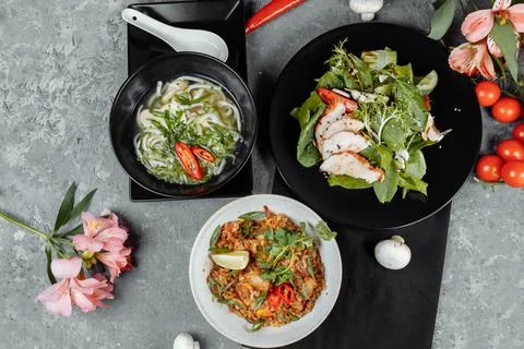 Three-course set menu for a nutritious healthy lunch in a restaurant, Three Stock Photos