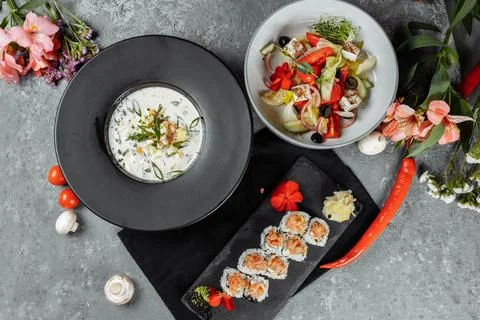 Three-course set menu for a nutritious healthy lunch in a restaurant, Three 스톡 사진