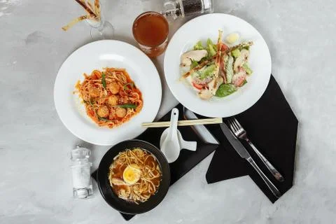 Three-course set on a table in a restaurant, cafe menu. Business lunch from b Stock Photos