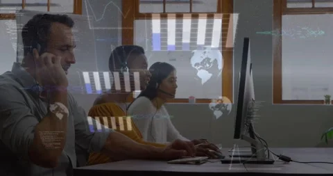 Three coworkers typing and calling, starting live data feed, projecting support Stock Footage 331109439