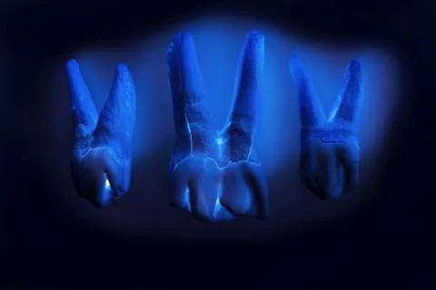 Three cow's teeth with roots on a black background. computer processing. Free Stock Photos