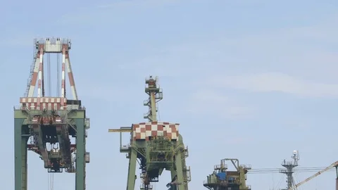 Three cranes in the port to work in a quiet work day Stock Footage 71675231