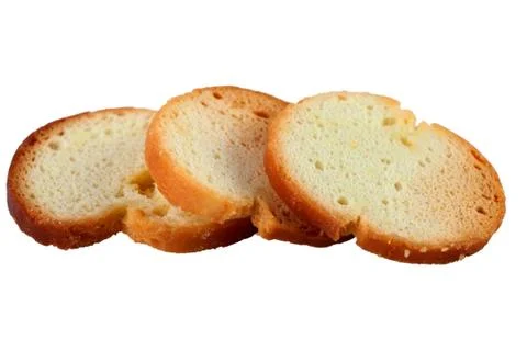 Three crispy crackers isolated on white background, closeup, top view. Stock Photos