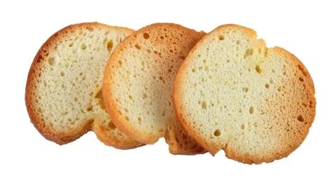 Three crispy crackers isolated on white background, closeup, top view. Stock Photos