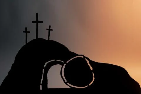 Three crosses above an empty tomb silhouette Stock Photos