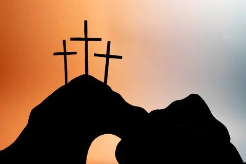 Three crosses above an empty tomb silhouette Stock Photos