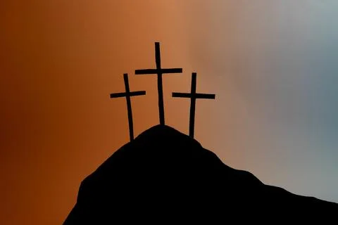 Three crosses above an empty tomb silhouette Stock Photos