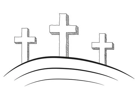 Three crosses. Easter - resurrection of Jesus Christ. Freehand drawing. Relig 스톡 일러스트