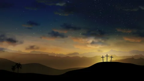 Three crosses on the hill with clouds moving on the starry sky Stock Footage 172262921