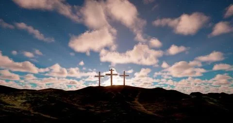 Three crosses on the hill with clouds moving on blue starry sky Stockfoto's