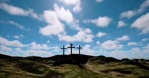 Three crosses on the hill with clouds moving on blue starry sky Stock Photos