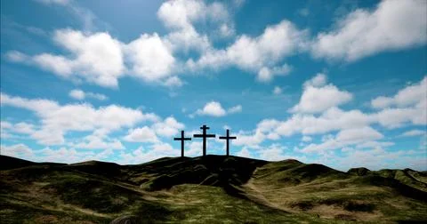 Three crosses on the hill with clouds moving on blue starry sky Фото