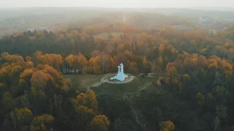 Three Crosses monument in Vilnius, Lithuania, Aerial View Stock Footage 107216455