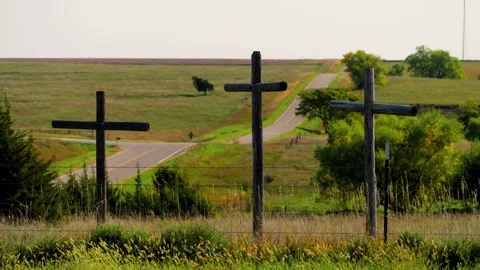 Three crosses on the prairie, wide view Video stock 345530919